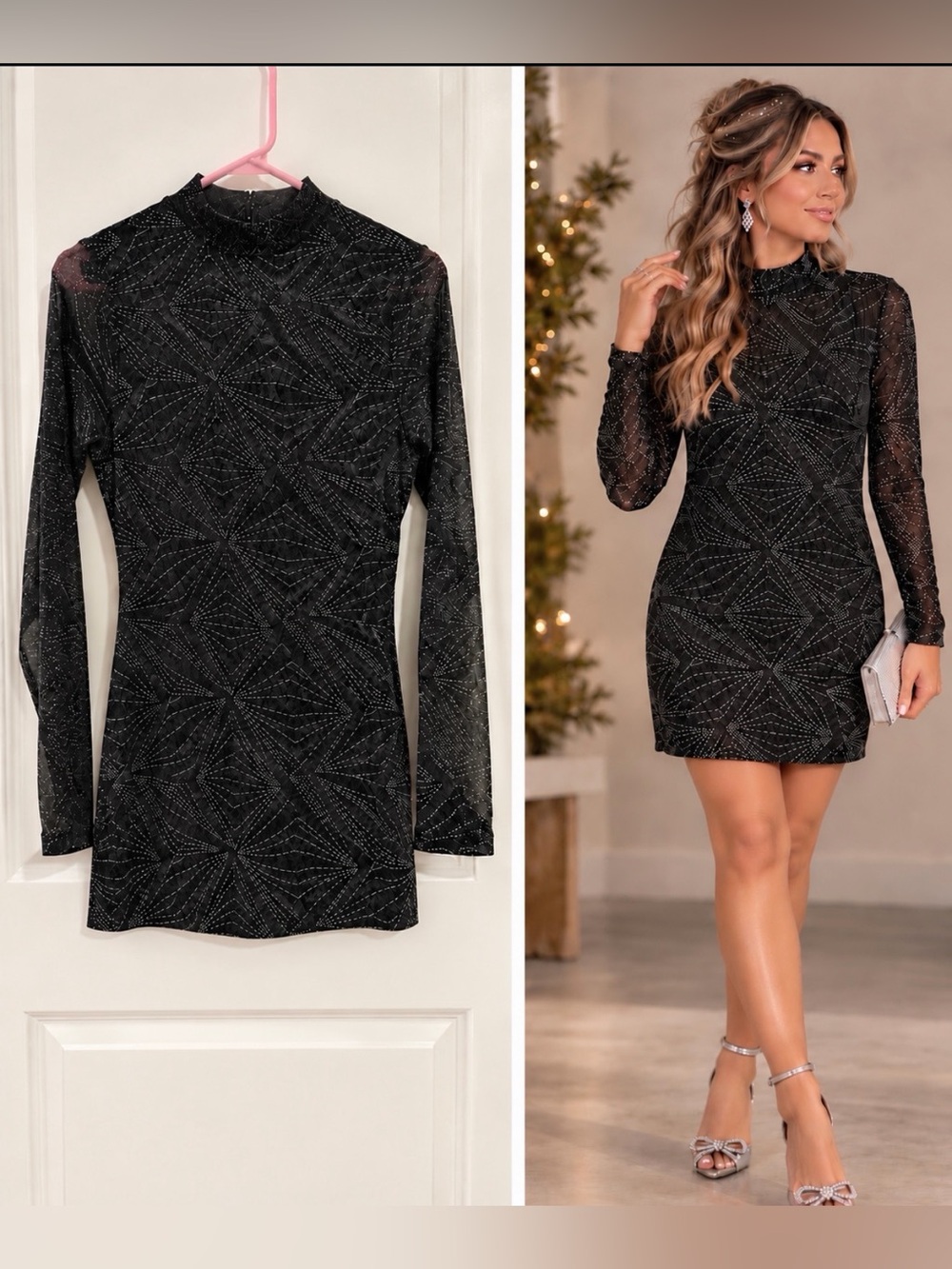 NWOT VENUS Black Metallic Sparkle Geometric Rhinestone Mini Dress Sz M